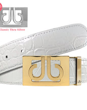 White Crocodile Textured Leather Belt with Gold Thru Classic Buckle