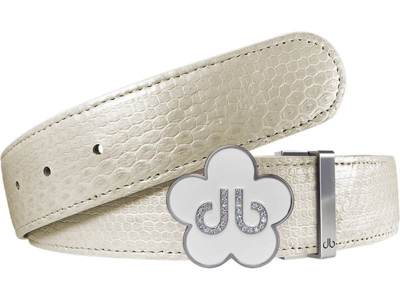 White Snakeskin Leather Belt with Flower Buckle