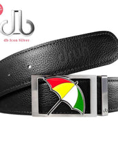 Black Full Grain Patterned Leather Belt with Arnold Palmer Umbrella Buckle