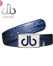 Navy Blue Crocodile Leather Belt with Double Infill White/Blue Buckle
