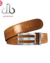 Brown Snakeskin Leather Belt with Silver Stripe Classic Buckle