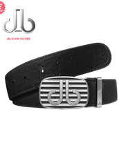 Black Ostrich Leather Belt with Black/White Striped Buckle