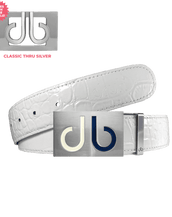 White Crocodile Patterned Leather Belt with Two Toned White and Blue Buckle