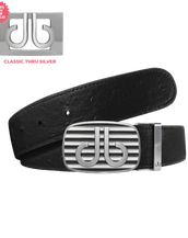 Black Ostrich Leather Belt with Black/White Striped Buckle