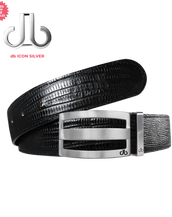 Black Lizard Leather Belt with Silver Stripe Classic Buckle