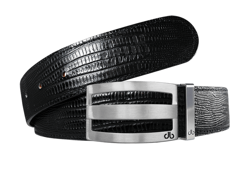 Black Lizard Leather Belt with Silver Stripe Classic Buckle