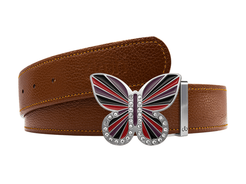 Brown Full Grain Leather Belt with Red/Black/Purple Butterfly Buckle