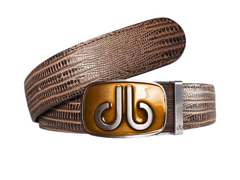 Brown Lizard Leather Belt with Biscuit Tinted Buckle