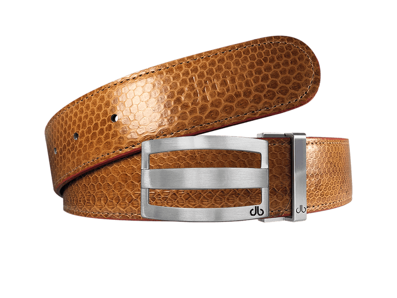 Brown Snakeskin Leather Belt with Silver Stripe Classic Buckle