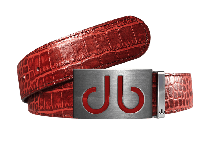 Burgundy Crocodile Leather Belt with Red Infill Buckle