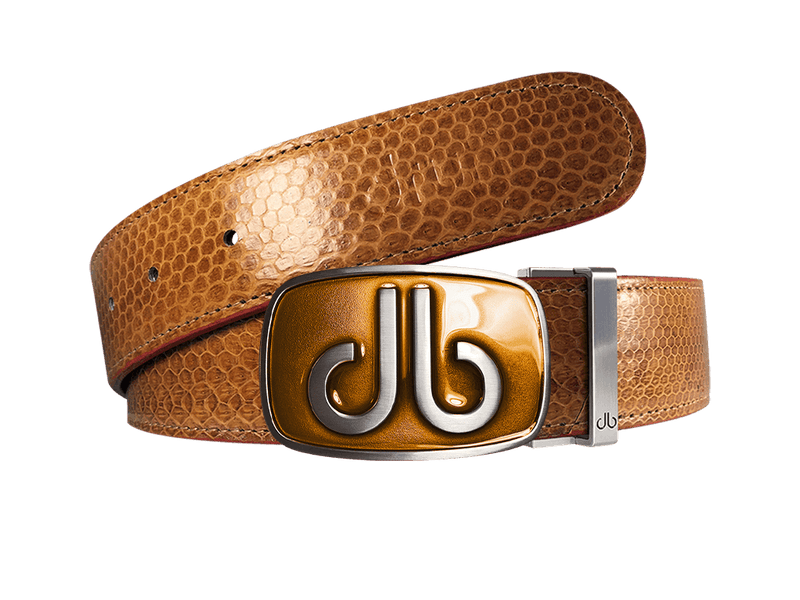 Dark Brown Snakeskin Leather Belt with Biscuit Tinted Buckle