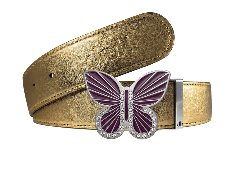 Gold Plain Leather Belt with Purple Butterfly Buckle