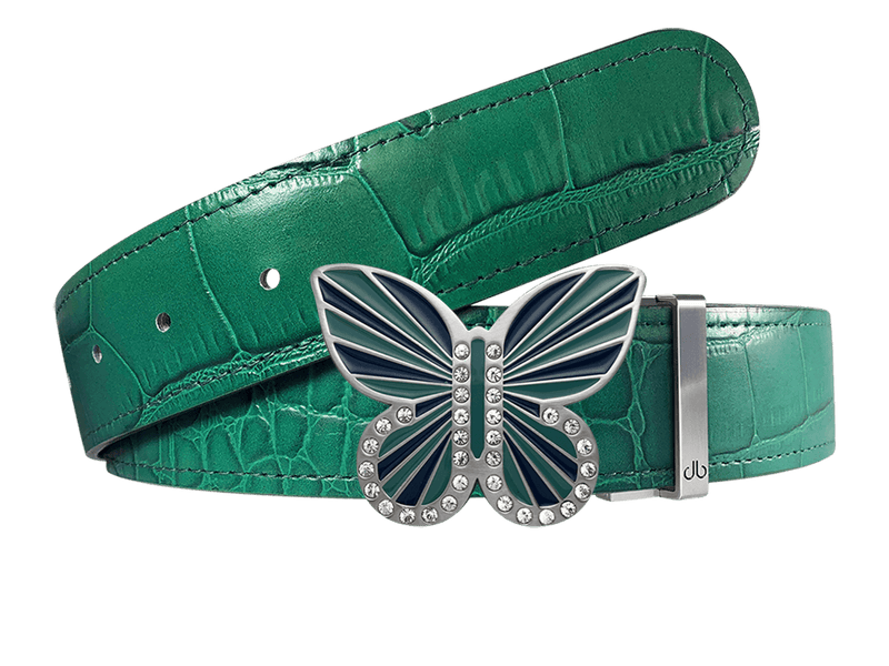 Green Crocodile Leather Belt with Aqua/Blue Butterfly Buckle