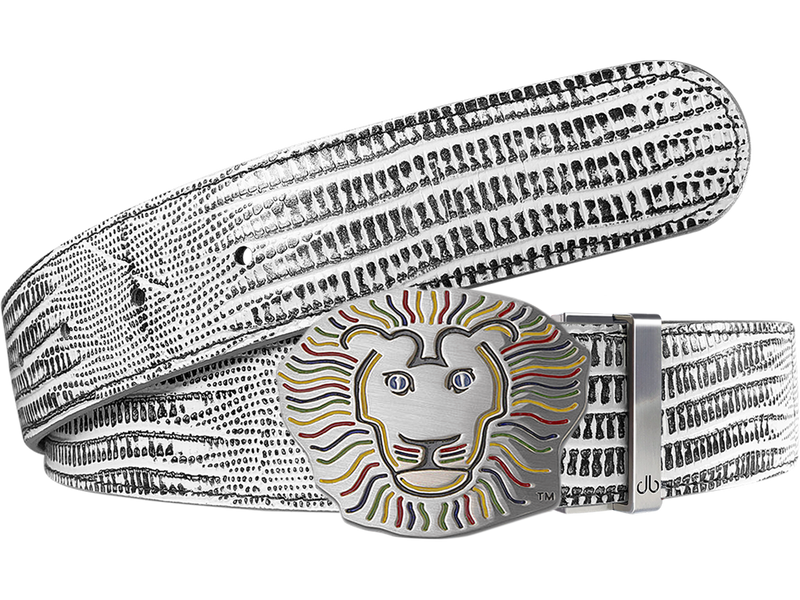 White and Black Lizard Patterned Leather Belt with Lion Buckle