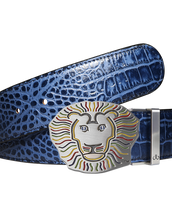 Blue Crocodile Patterned Leather Belt with Lion Buckle