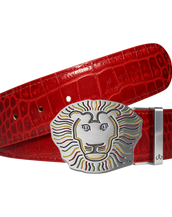 Red Crocodile Patterned Leather Belt with Lion Buckle