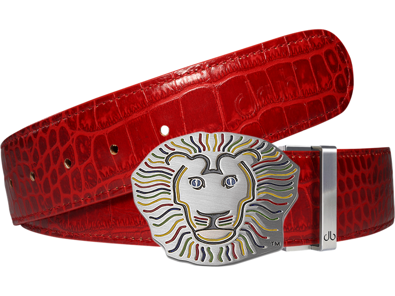 Red Crocodile Patterned Leather Belt with Lion Buckle