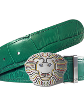Green Crocodile Patterned Leather Belt with Lion Buckle