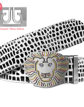 Black & White Crocodile Patterned Leather Belt with Lion Buckle