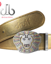 Gold Crocodile Patterned Leather Belt with Lion Buckle