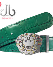 Green Crocodile Patterned Leather Belt with Lion Buckle