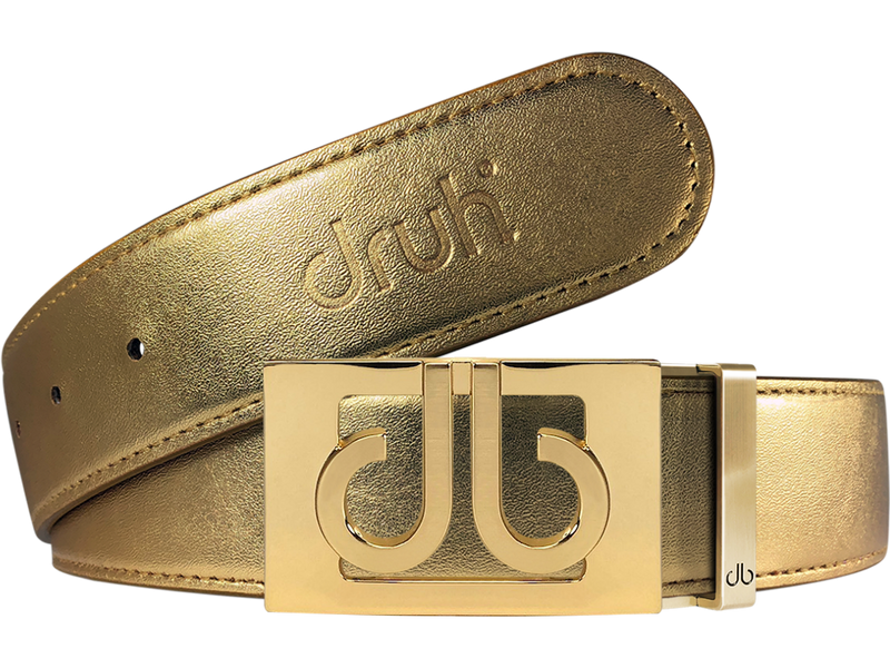 Gold Plain Textured Leather Belt with Gold Thru Buckle