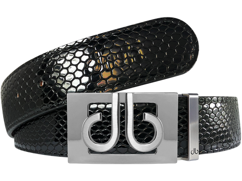 Silver Thru Classic Buckle with Black Snakeskin Patterned Leather Belt