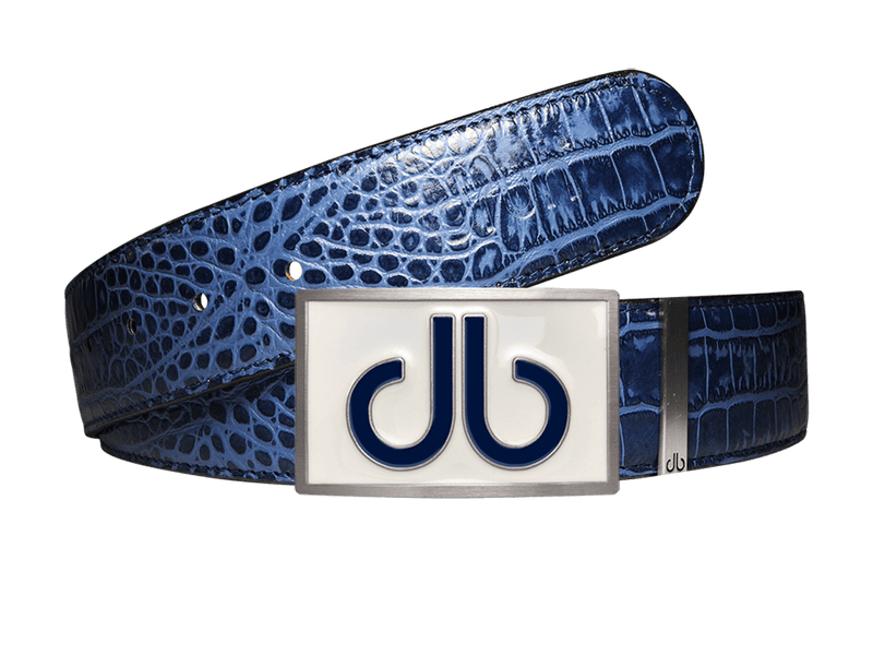 Navy Blue Crocodile Leather Belt with Double Infill White/Blue Buckle