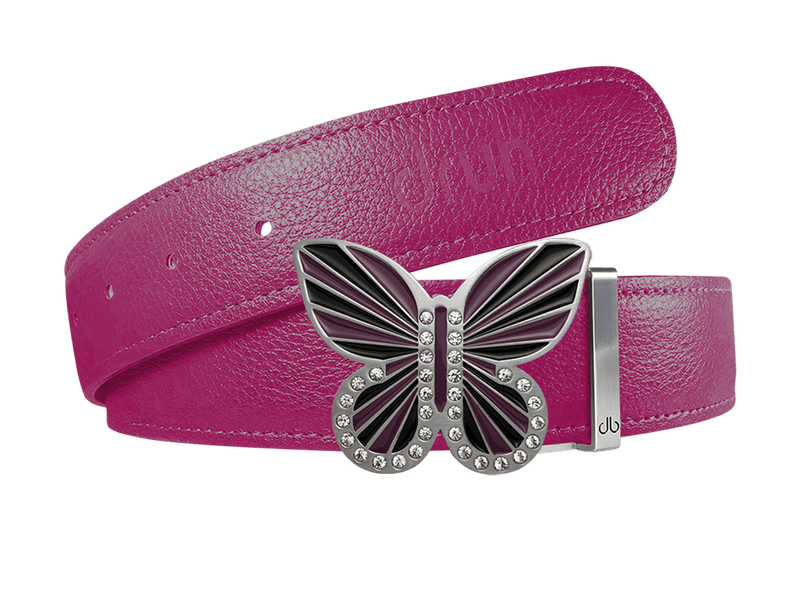 Pink Full Grain Leather Belt with Black/Purple Butterfly Buckle