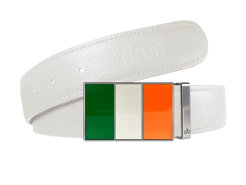 White Full Grain Leather Belt with Ireland Flag Buckle