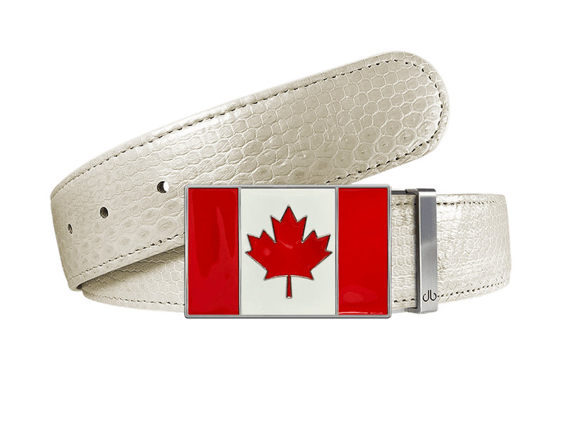 White Snakeskin Leather Belt with Canada Flag Buckle