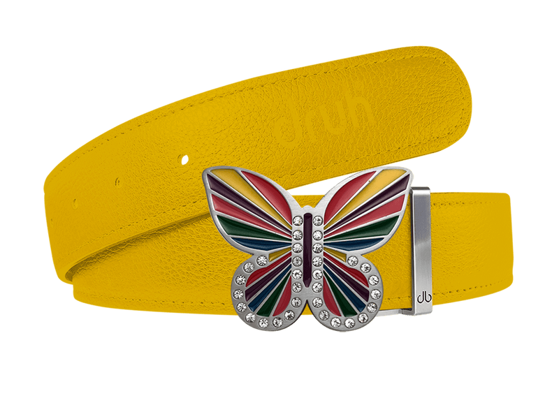 Yellow Full Grain Leather Belt with Rainbow Butterfly Buckle