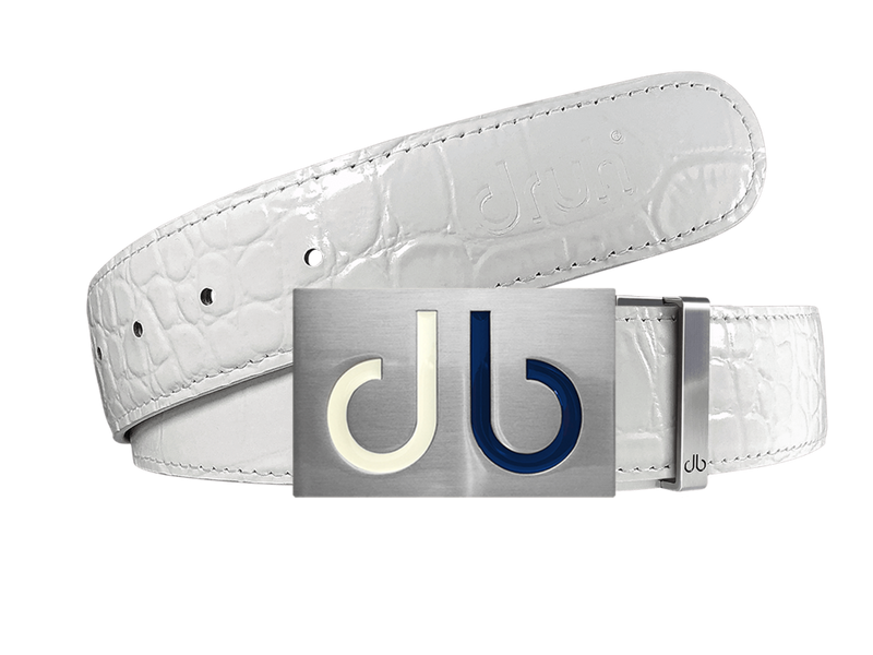 White Crocodile Patterned Leather Belt with Two Toned White and Blue Buckle