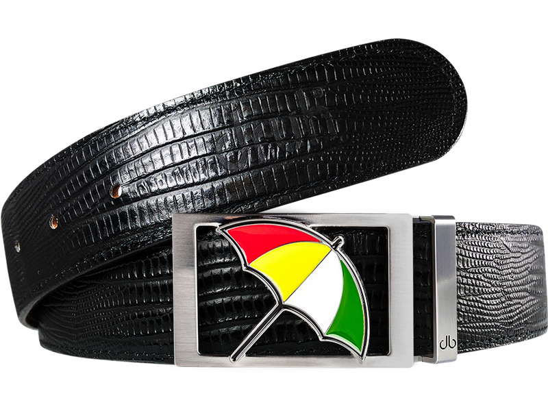 Black Lizard Patterned Leather Belt with Arnold Palmer Umbrella Buckle